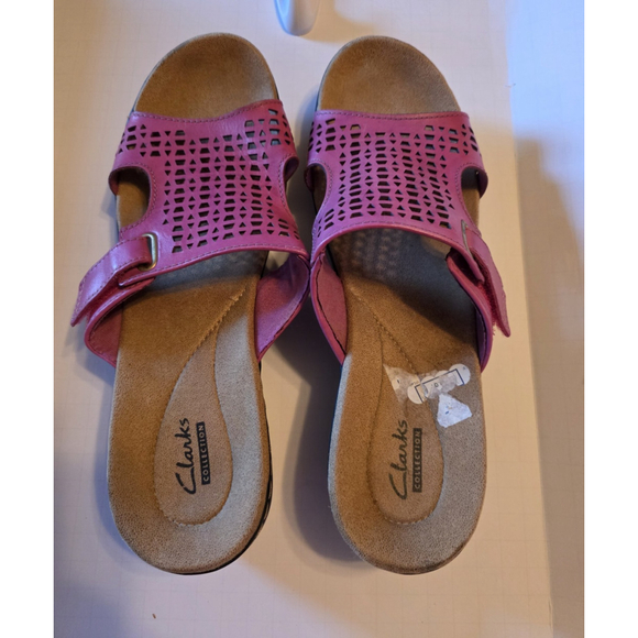 Clarks Hayla Samoa Slide Wedge Rose Pink Leather Open Toe Sandals Size 9M - Picture 1 of 12